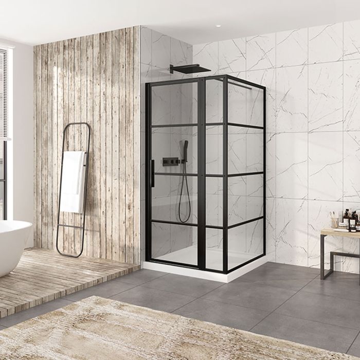 Porte de douche 42 po x Materia 42 po en coin noir mat rectangulaire porte décentrée mur à gauche