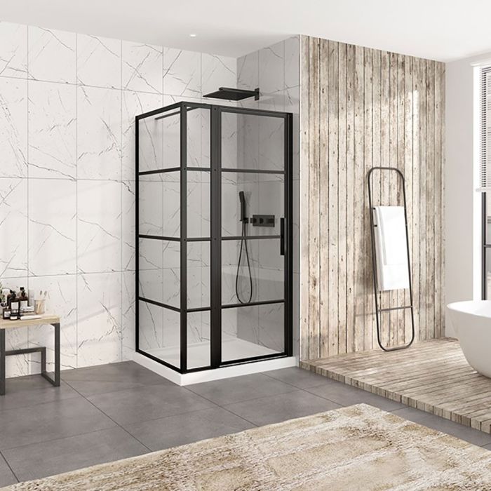 Porte de douche 42 po x Materia 32 po en coin noir mat rectangulaire porte décentrée mur à droite