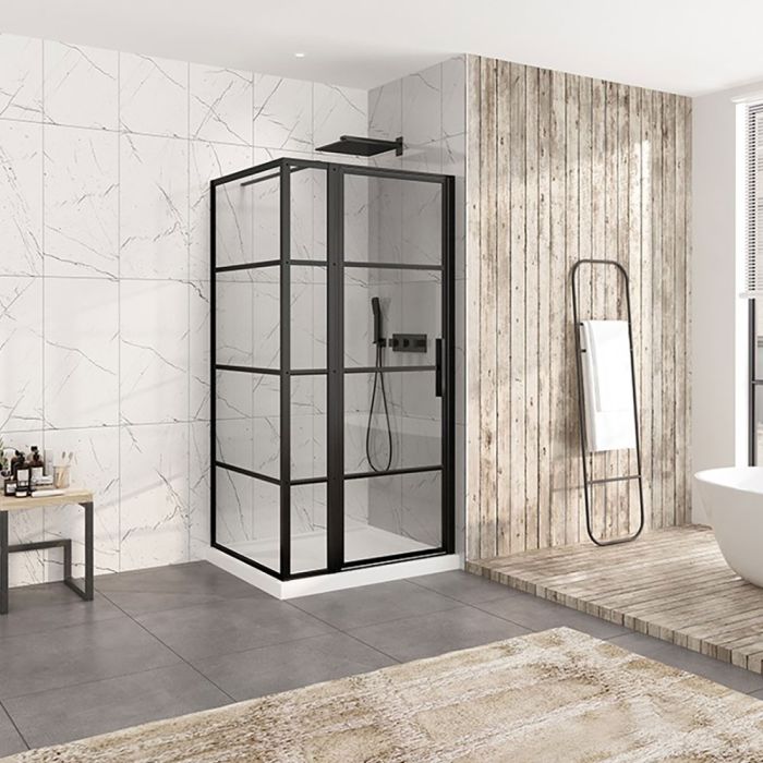 Porte de douche 42 po x Materia 36 po en coin noir mat rectangulaire porte décentrée mur à droite