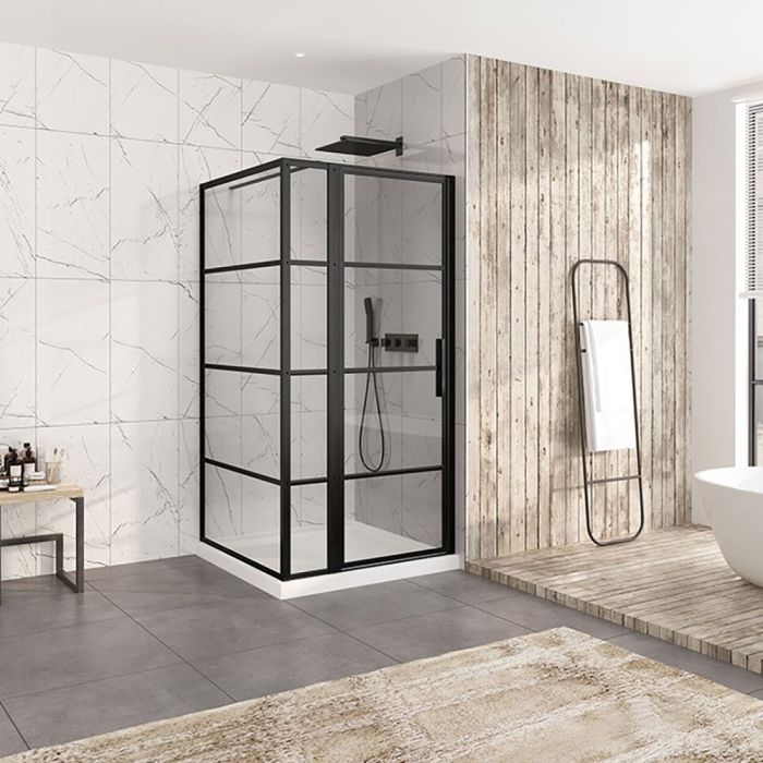 Porte de douche 42 po x Materia 42 po en coin noir mat rectangulaire porte décentrée mur à droite