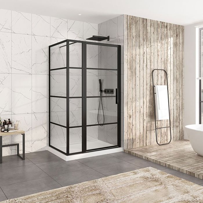 Porte de douche 48 po x Materia 32 po en coin noir mat rectangulaire porte décentrée mur à droite