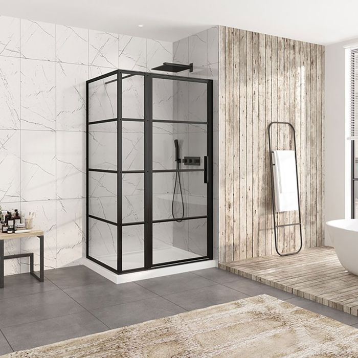 Porte de douche 48 po x Materia 36 po en coin noir mat rectangulaire porte décentrée mur à droite