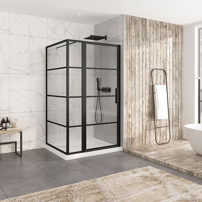 Porte de douche 48 po x Materia 42 po en coin noir mat rectangulaire porte décentrée mur à droite