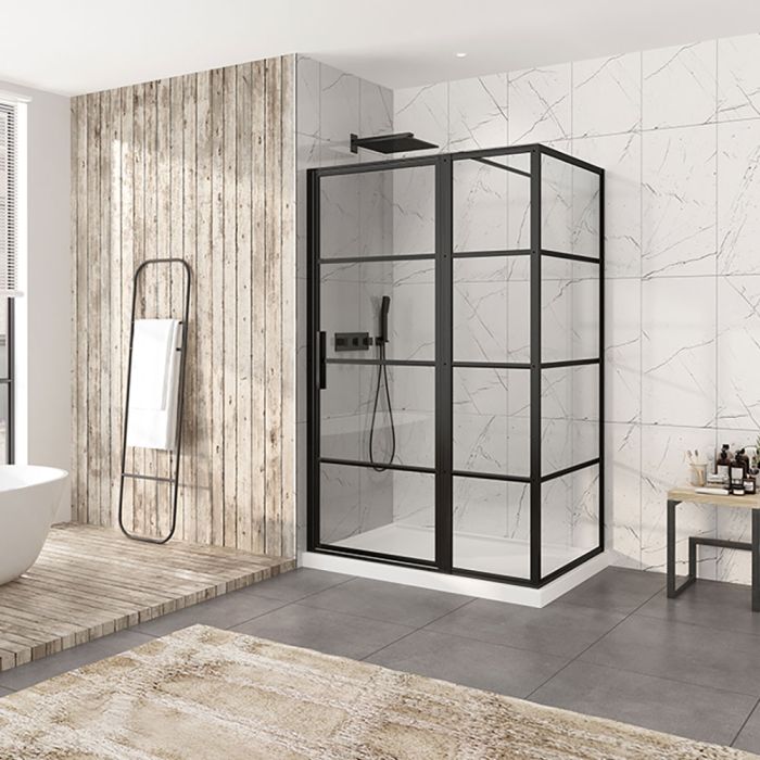 Porte de douche 54 po x Materia 36 po en coin noir mat rectangulaire porte décentrée mur à gauche