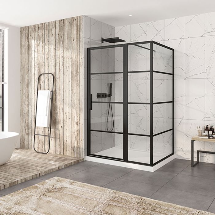 Porte de douche 54 po x Materia 42 po en coin noir mat rectangulaire porte décentrée mur à gauche
