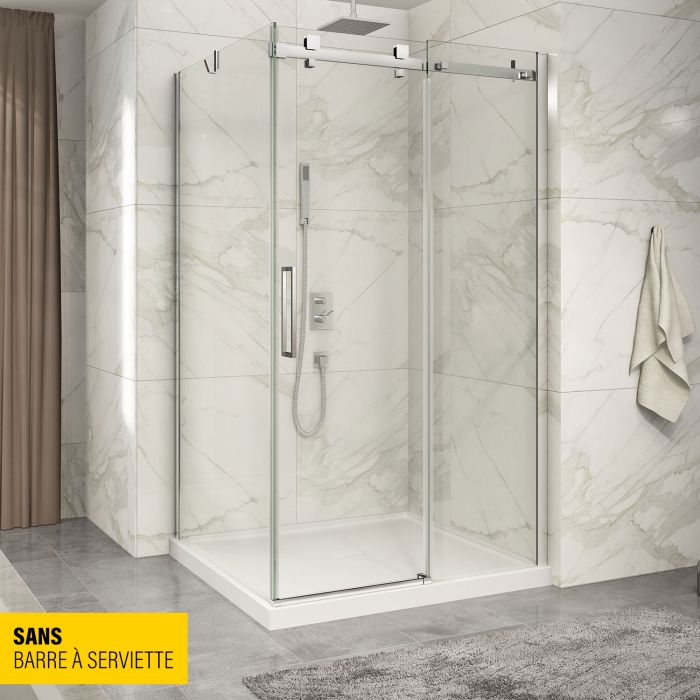 Porte de douche 48 po x Piazza 42 po en coin chrome fermeture sur retour mur à droite porte à gauche