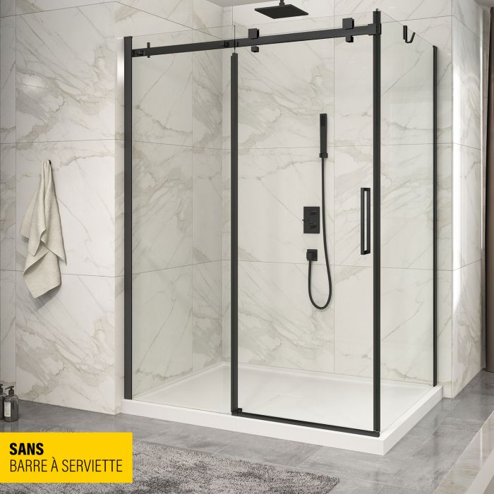 Porte de douche 60 po x Piazza 42 po en coin noir mat fermeture sur retour mur à gauche porte à droite