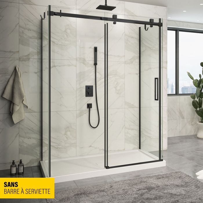 Porte de douche 60 po x Piazza 32 po noir mat sur mur