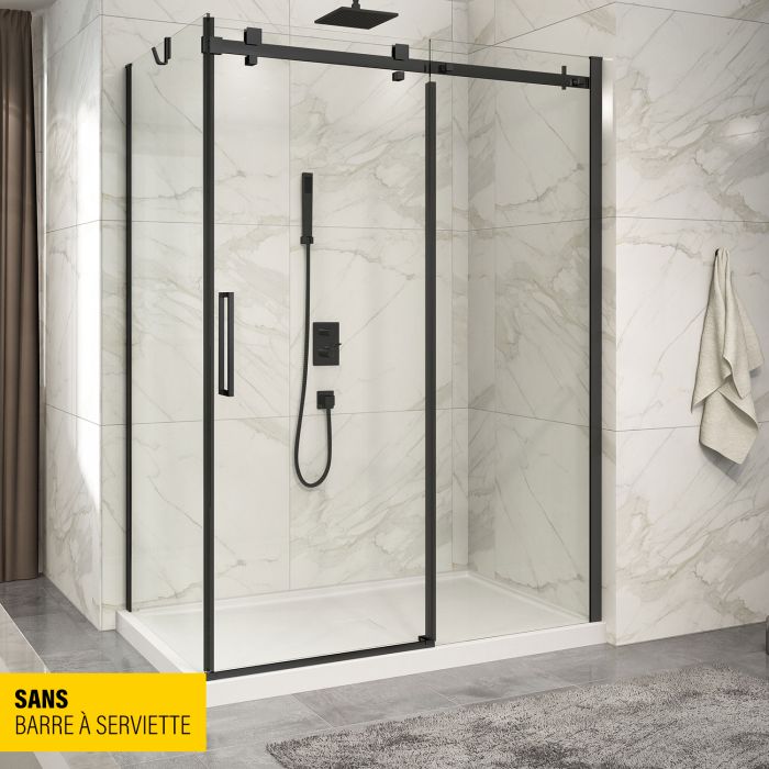 Porte de douche 60 po x Piazza 36 po en coin noir mat fermeture sur retour mur à droite porte à gauche