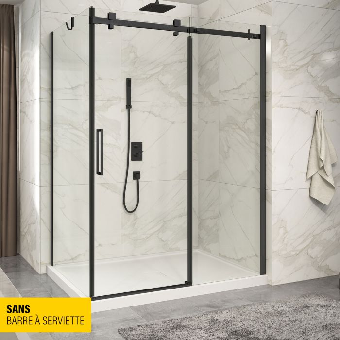 Porte de douche 60 po x Piazza 42 po en coin noir mat fermeture sur retour mur à droite porte à gauche