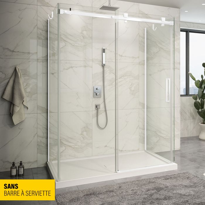 Porte de douche 60 po x Piazza 42 po blanc mat sur mur