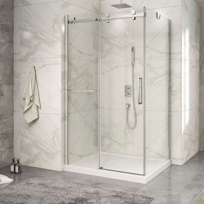 Porte de douche 48 po x Piazza 2.0 36 po en coin chrome fermeture sur retour mur à gauche porte à droite