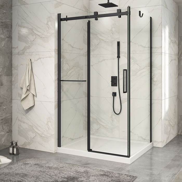 Porte de douche 48 po x Piazza 2.0 36 po en coin noir mat fermeture sur retour mur à gauche porte à droite