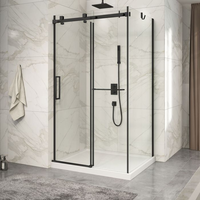 Porte de douche 48 po x Piazza 2.0 36 po en coin noir mat fermeture sur mur mur à gauche porte à gauche