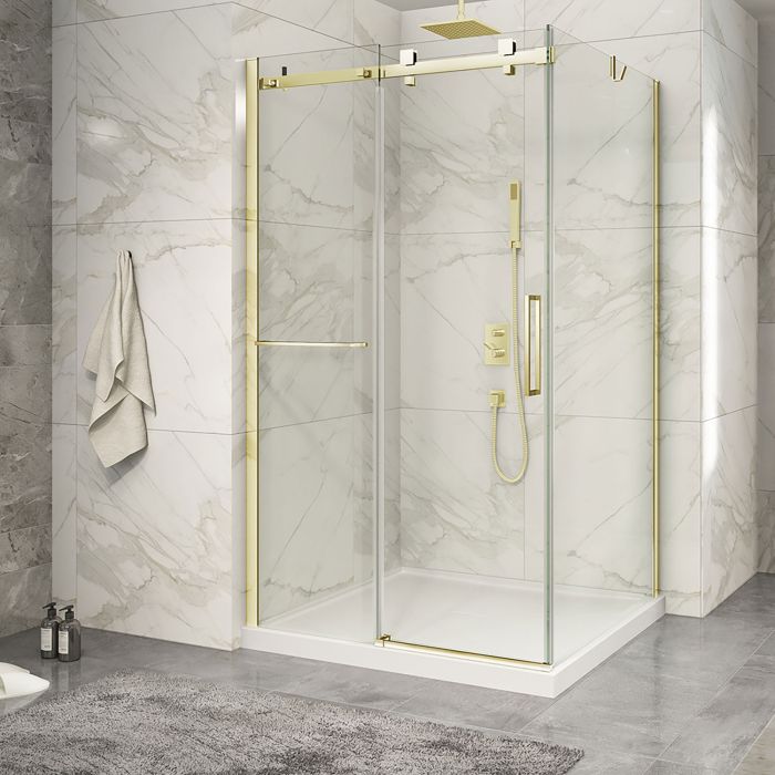 Porte de douche 48 po x Piazza 2.0 42 po en coin or brossé fermeture sur retour mur à gauche porte à droite en or brossé