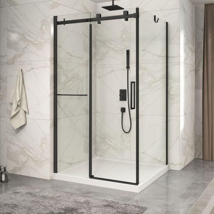Porte de douche 48 po x Piazza 2.0 42 po en coin noir mat fermeture sur retour mur à gauche porte à droite