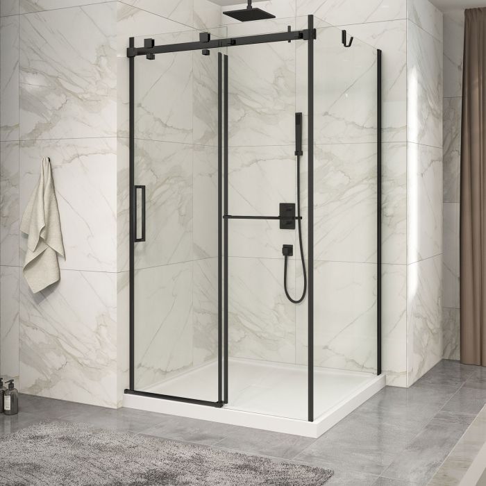 Porte de douche 48 po x Piazza 2.0 42 po en coin noir mat fermeture sur mur mur à gauche porte à gauche