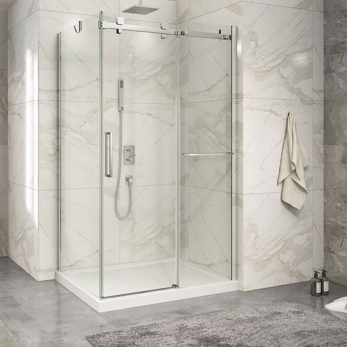Porte de douche 48 po x Piazza 2.0 32 po en coin chrome fermeture sur retour mur à droite porte à gauche