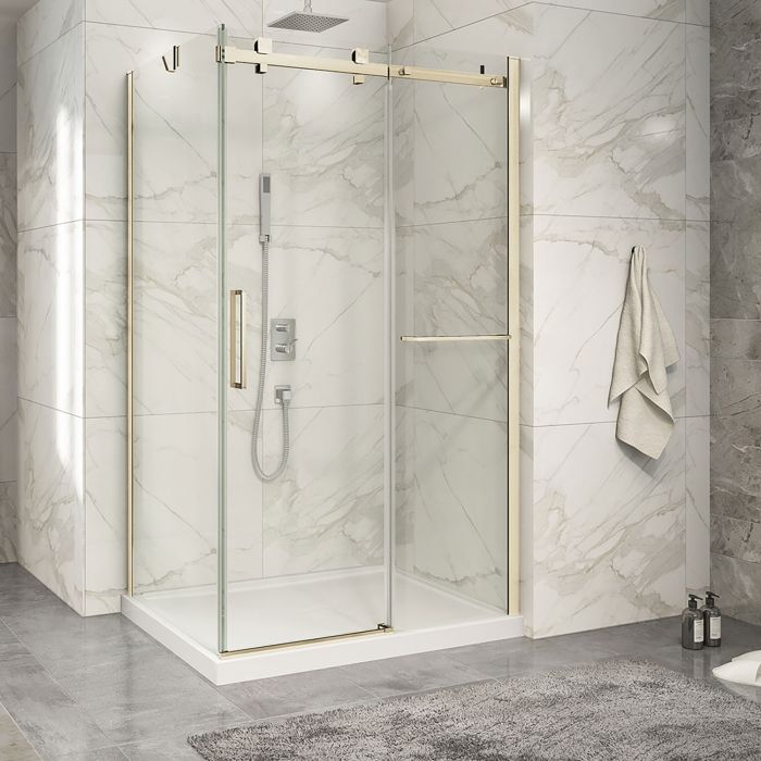 Porte de douche 48 po x Piazza 2.0 32 po en coin or brossé fermeture sur retour mur à droite porte à gauche en or brossé