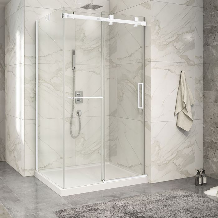 Porte de douche 48 po x Piazza 2.0 32 po en coin blanc mat fermeture sur mur mur à droite porte à droite