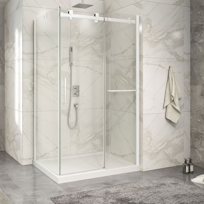 Porte de douche 48 po x Piazza 2.0 36 po en coin blanc mat fermeture sur retour mur à droite porte à gauche