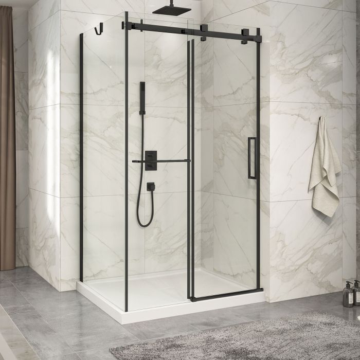 Porte de douche 48 po x Piazza 2.0 36 po en coin noir mat fermeture sur mur mur à droite