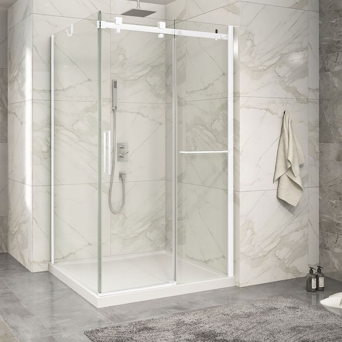 Porte de douche 48 po x Piazza 2.0 42 po en coin blanc mat fermeture sur retour mur à droite porte à gauche