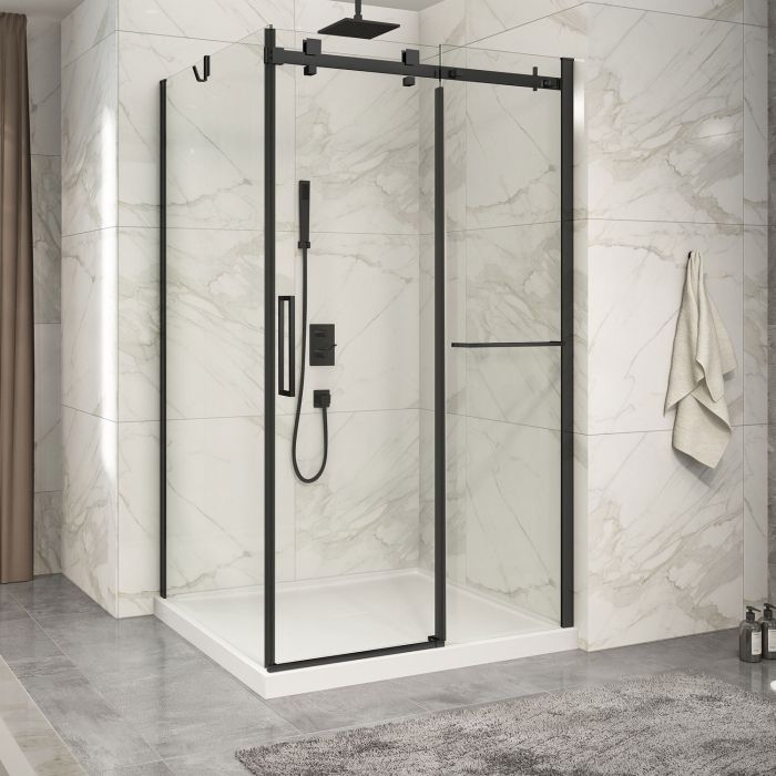 Porte de douche 48 po x Piazza 2.0 42 po en coin noir mat fermeture sur retour mur à droite porte à gauche