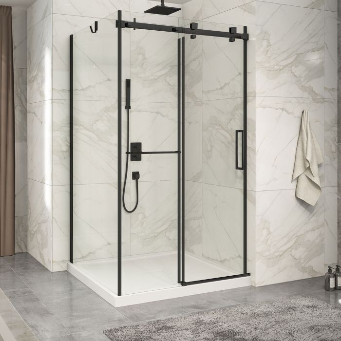 Porte de douche 48 po x Piazza 2.0 42 po en coin noir mat fermeture sur mur mur à droite