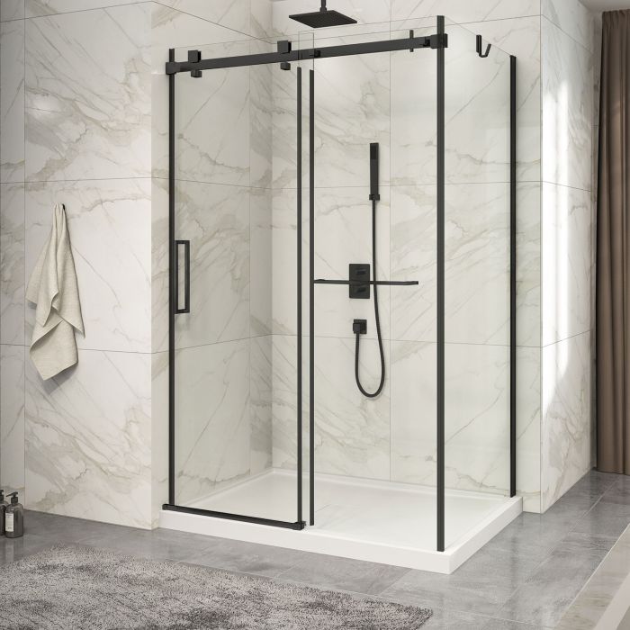 Porte de douche 54 po x Piazza 2.0 32 po en coin noir mat fermeture sur mur mur à gauche porte à gauche