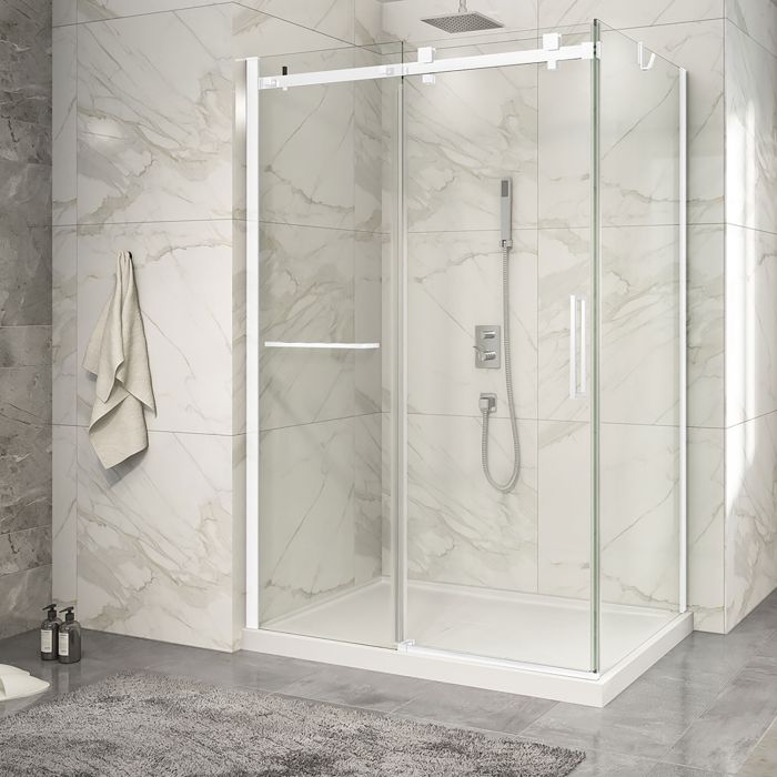 Porte de douche 54 po x Piazza 2.0 36 po en coin blanc mat fermeture sur retour mur à gauche porte à droite