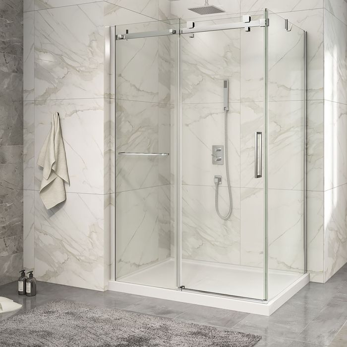 Porte de douche 54 po x Piazza 2.0 36 po en coin chrome fermeture sur retour mur à gauche porte à droite