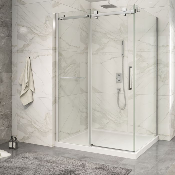 Porte de douche 54 po x Piazza 2.0 42 po en coin chrome fermeture sur retour mur à gauche porte à droite