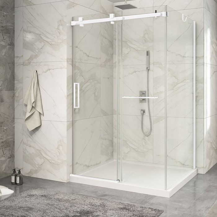 Porte de douche 54 po x Piazza 2.0 42 po en coin blanc mat fermeture sur mur mur à gauche porte à gauche