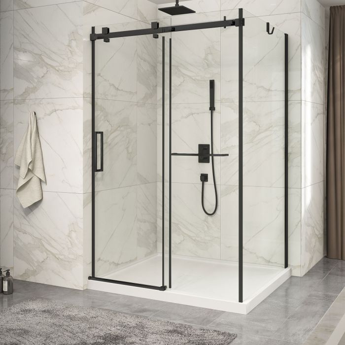 Porte de douche 54 po x Piazza 2.0 42 po en coin noir mat fermeture sur mur mur à gauche porte à gauche