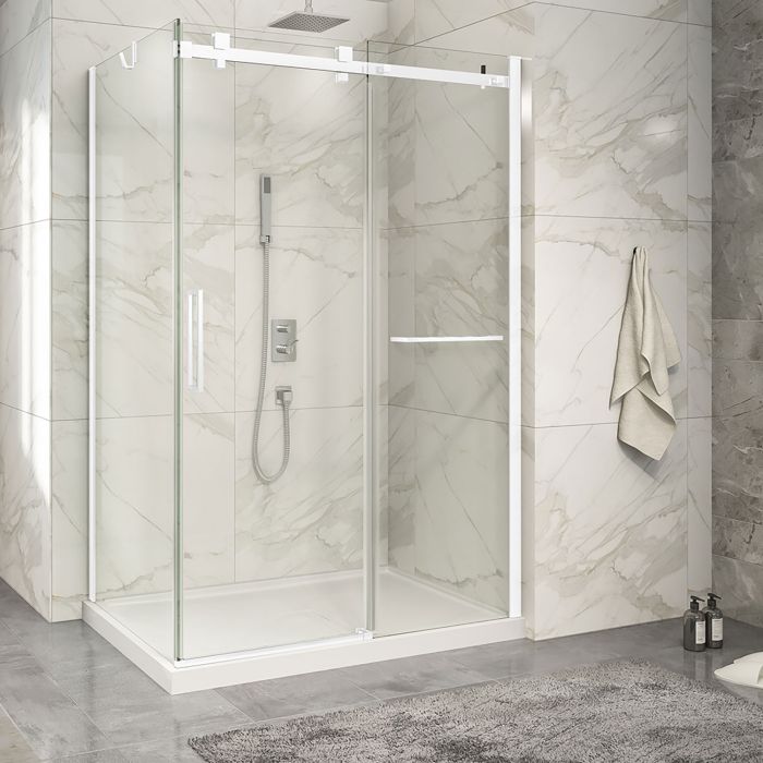 Porte de douche 54 po x Piazza 2.0 32 po en coin blanc mat fermeture sur retour mur à droite porte à gauche
