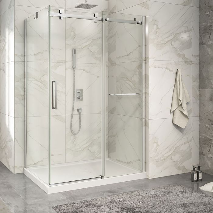 Porte de douche 54 po x Piazza 2.0 32 po en coin chrome fermeture sur retour mur à droite porte à gauche