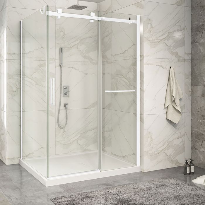 Porte de douche 54 po x Piazza 2.0 42 po en coin blanc mat fermeture sur retour mur à droite porte à gauche
