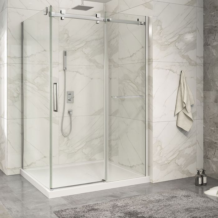 Porte de douche 54 po x Piazza 2.0 42 po en coin chrome fermeture sur retour mur à droite porte à gauche