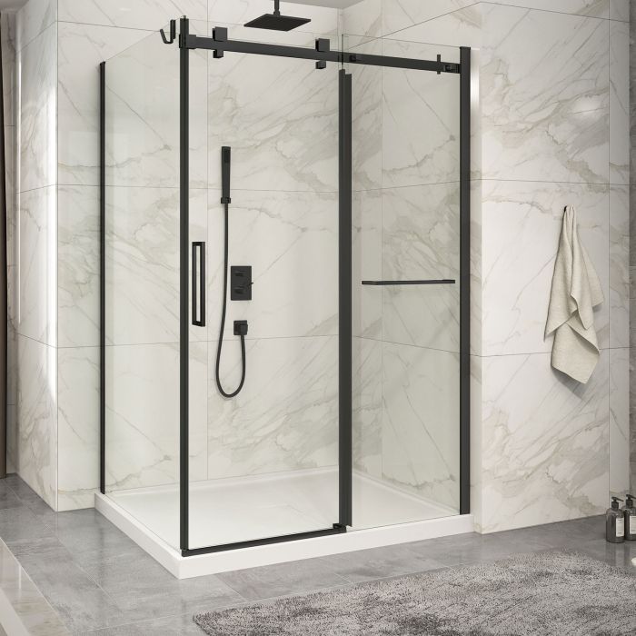 Porte de douche 54 po x Piazza 2.0 42 po en coin noir mat fermeture sur retour mur à droite porte à gauche
