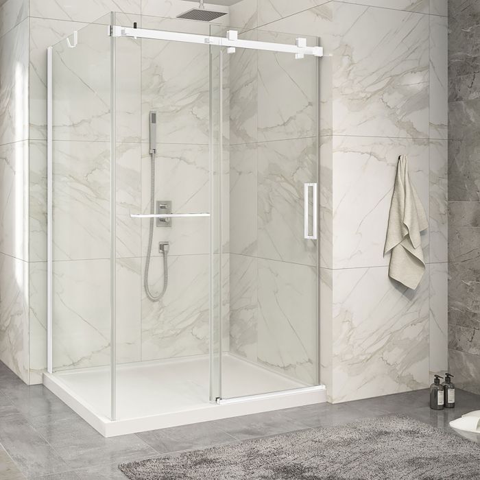 Porte de douche 54 po x Piazza 2.0 42 po en coin blanc mat fermeture sur mur mur à droite