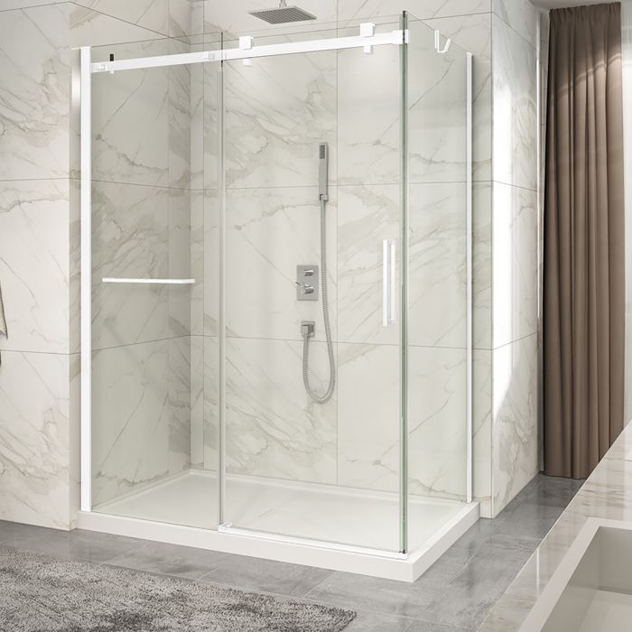 Porte de douche 60 po x Piazza 2.0 32 po en coin blanc mat fermeture sur retour mur à gauche porte à droite
