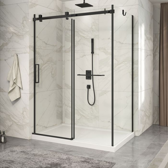 Porte de douche 60 po x Piazza 2.0 32 po en coin noir mat fermeture sur mur mur à gauche porte à gauche