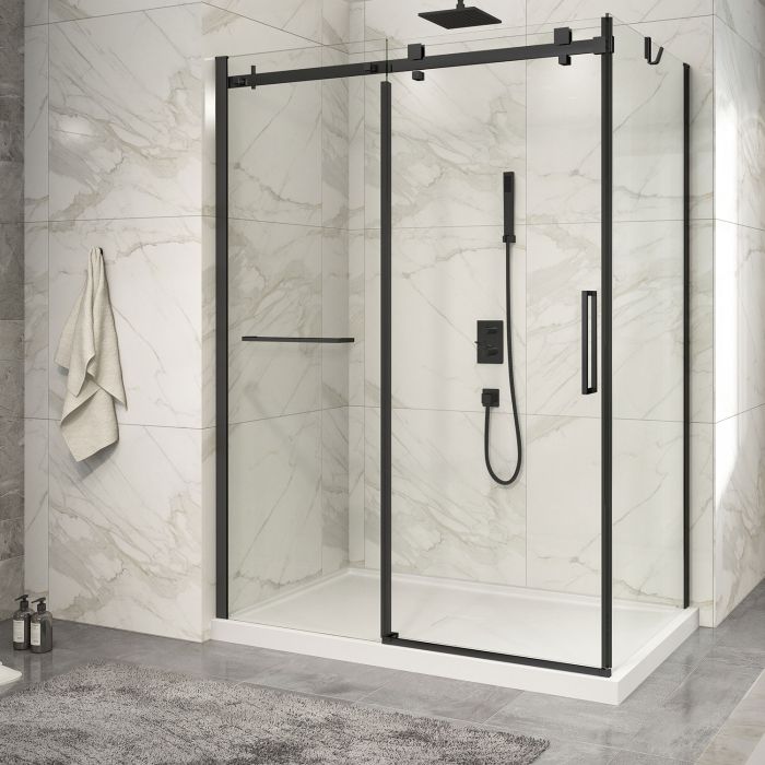 Porte de douche 60 po x Piazza 2.0 36 po en coin noir mat fermeture sur retour mur à gauche porte à droite