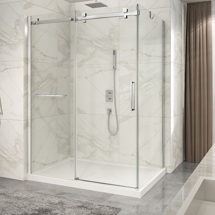 Porte de douche 60 po x Piazza 2.0 42 po en coin chrome fermeture sur retour mur à gauche porte à droite