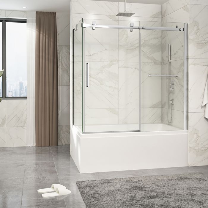 Porte de baignoire 60 po x Piazza 2.0 32 po en coin chrome fermeture sur retour mur à droite porte à gauche