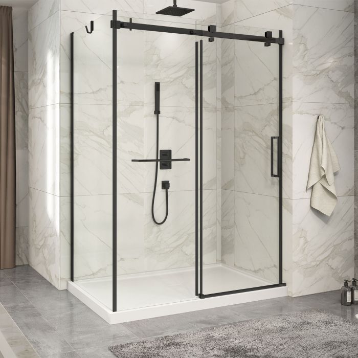 Porte de douche 60 po x Piazza 2.0 32 po en coin noir mat fermeture sur mur mur à droite porte à droite