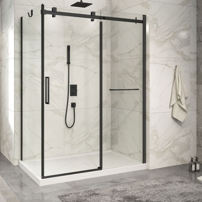 Porte de douche 60 po x Piazza 2.0 36 po en coin noir mat fermeture sur retour mur à droite porte à gauche