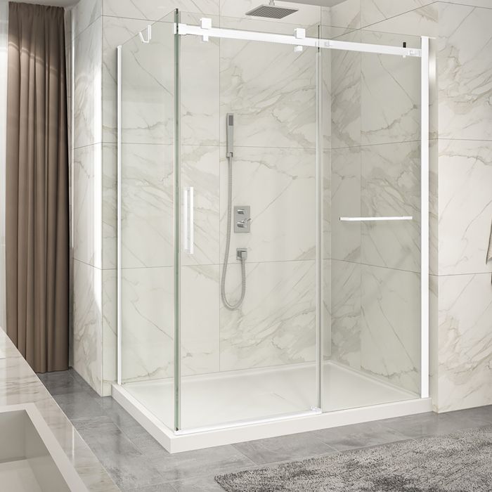 Porte de douche 60 po x Piazza 2.0 42 po en coin blanc mat fermeture sur retour mur à droite porte à gauche