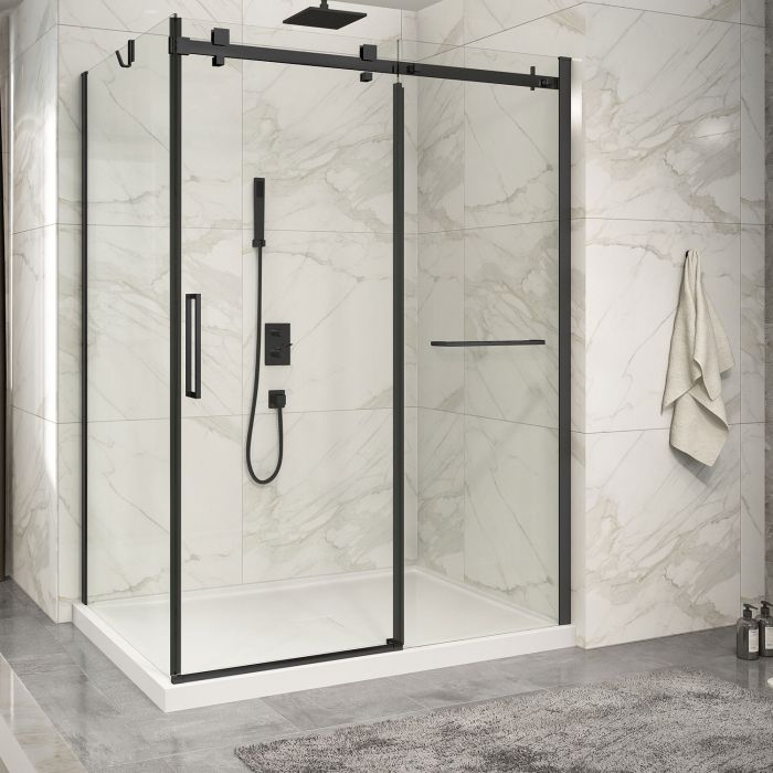 Porte de douche 60 po x Piazza 2.0 42 po en coin noir mat fermeture sur retour mur à droite porte à gauche